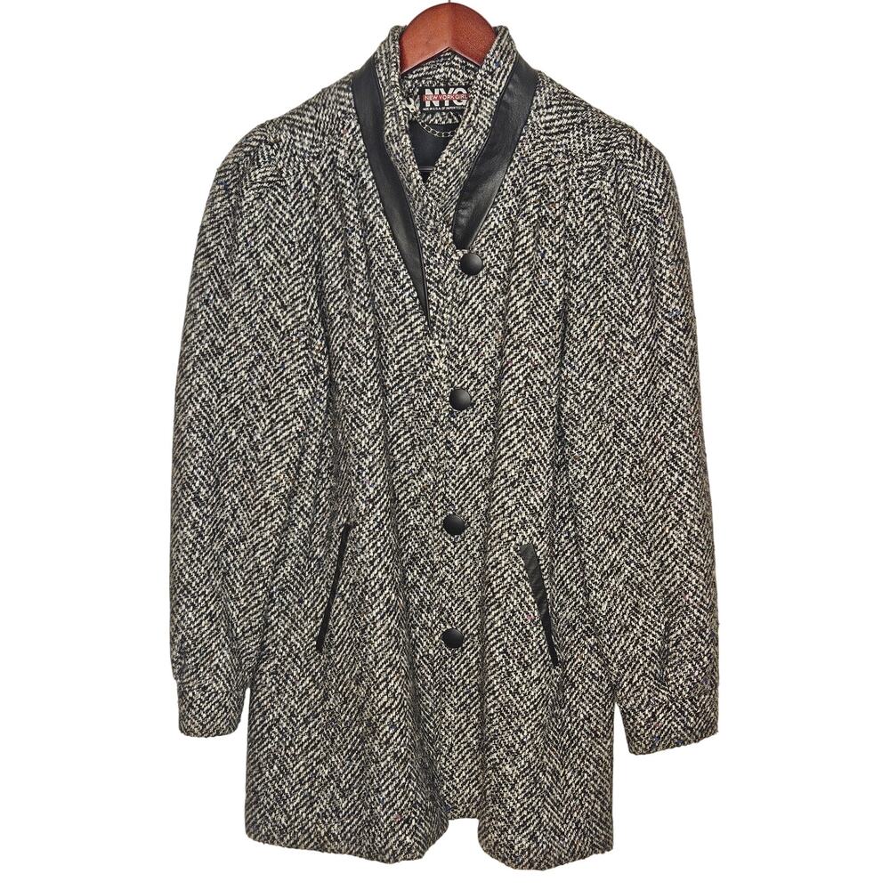 VTG 80s-90s Wool Coat New York Girl USA Black White B40 L33 Fully Lined (b22)